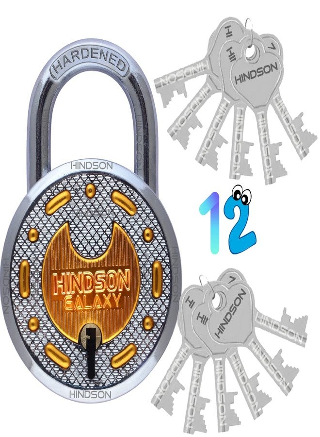 HINDSON Galaxy Round 65mm Lock | Metal Body | Double Locking | Hardened Shackle | 8 Steel Lever | 12 Silver Keys with Keychain | Silver and Gold Finsih | Made in India - Image 1